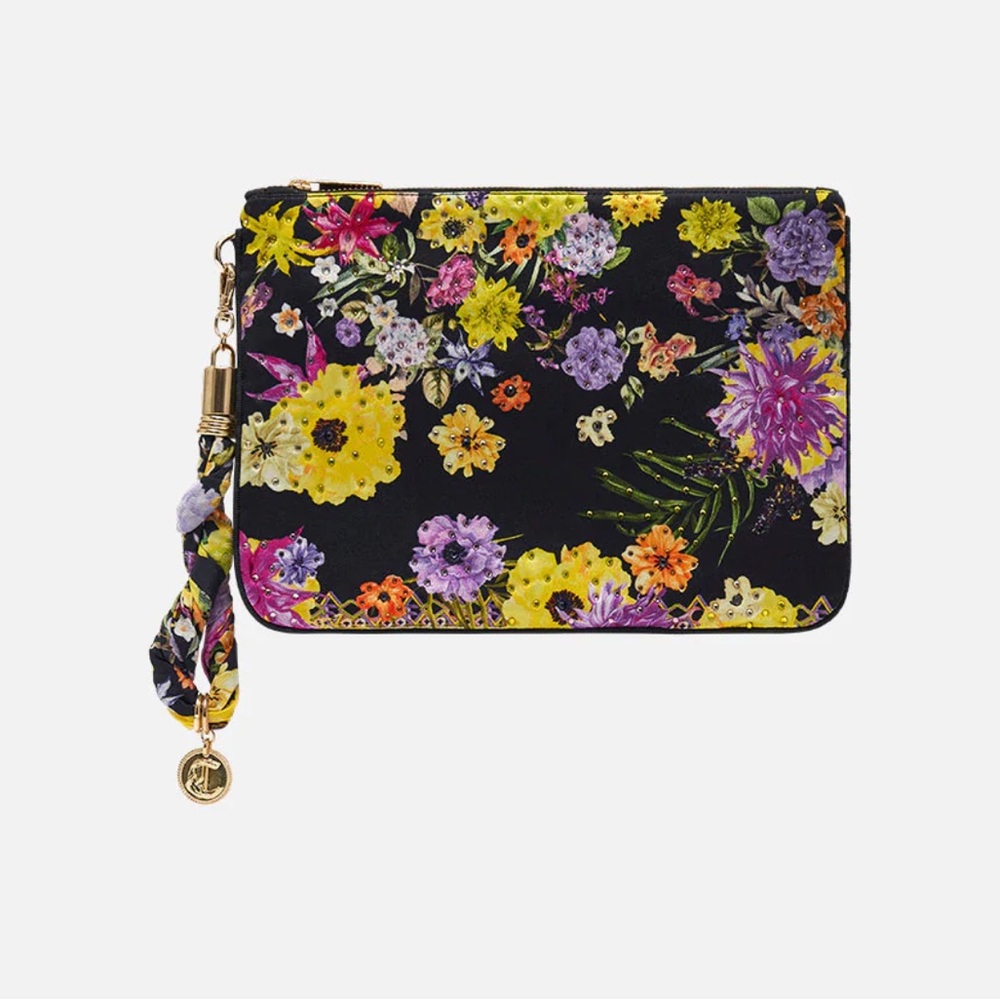 CAMILLA *Peace Be With You* black floral silk scarf clutch wristlet bag purse